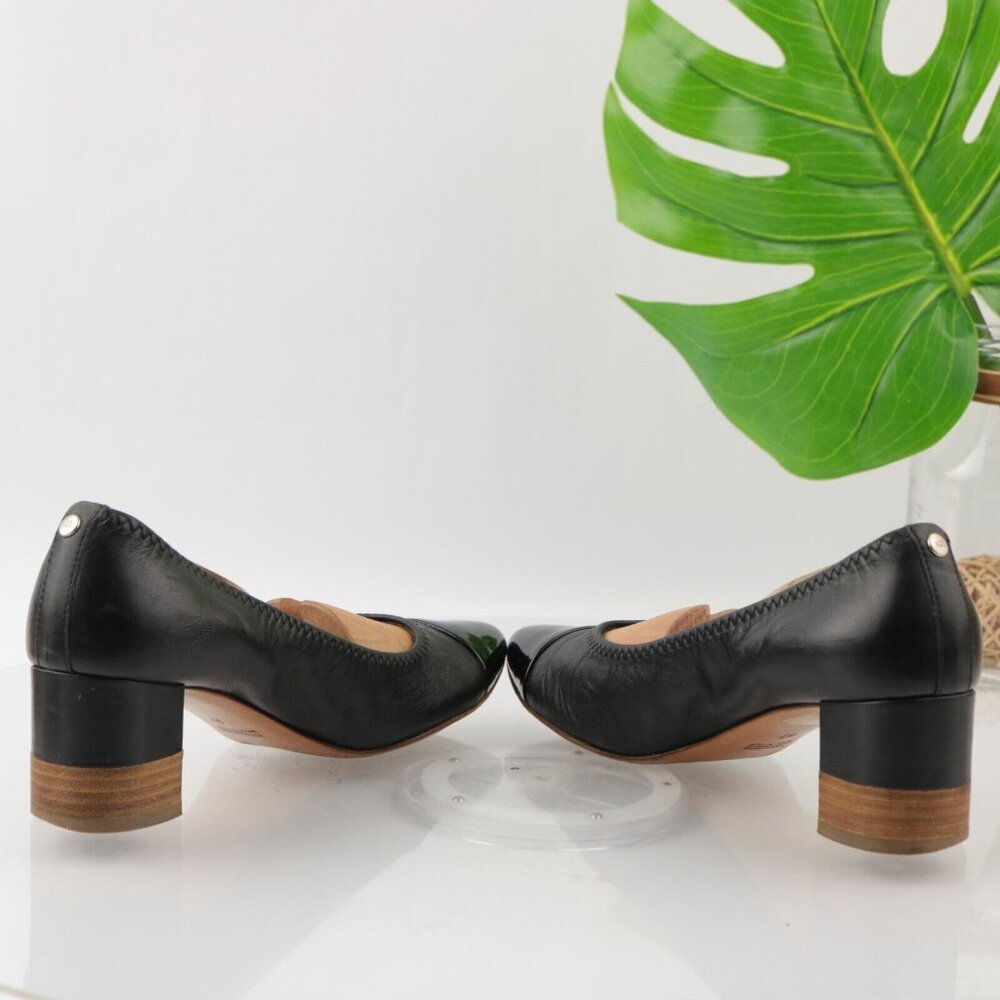 AGL Womens Pump Size 37 7 Black Leather Cap Toe Block Heel Elastic Trim Italy - Picture 9 of 12